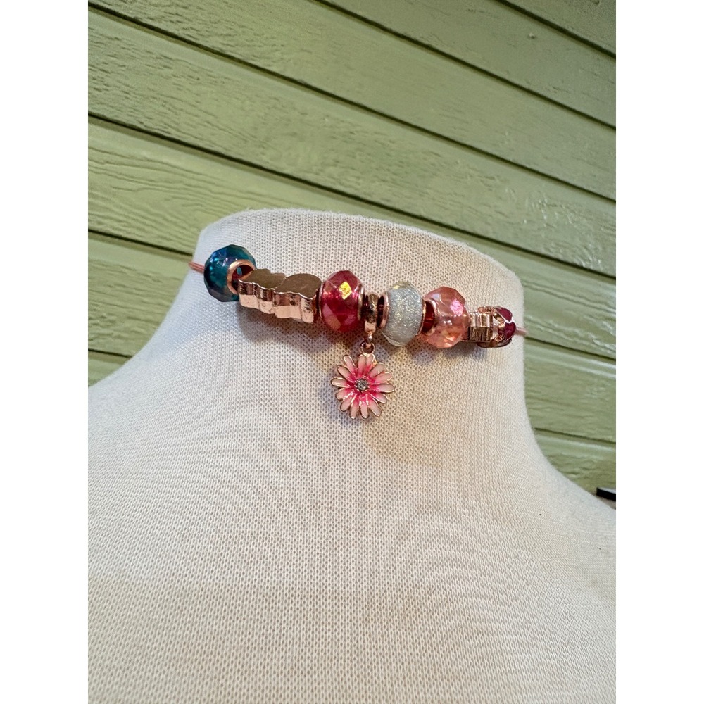 Rose Gold Tone Charm Girls Necklace Pink Cord Multi Color Enamel Daisy Butterfly